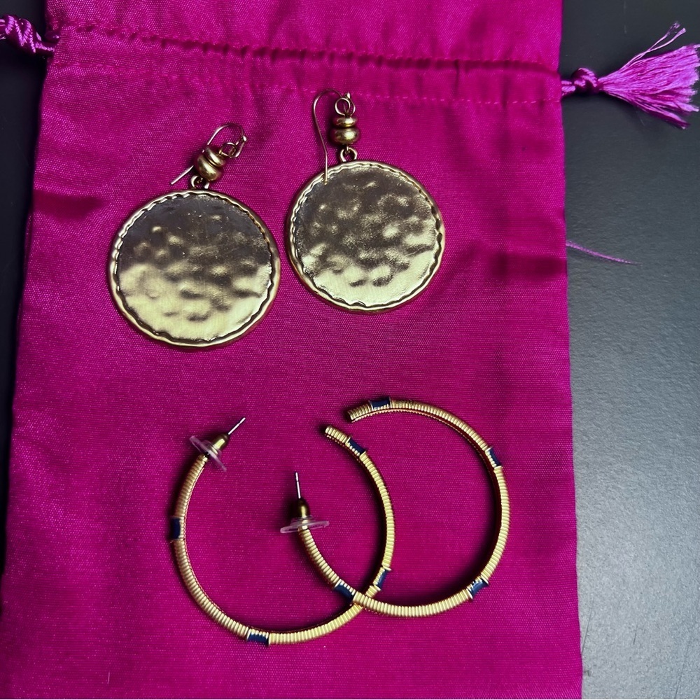 Gold Earrings 3 Pairs Hoops Drop Black Blue Accents - Picture 3 of 4
